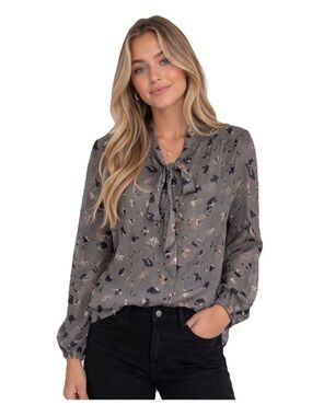 Express Women’s Gray Career Floral Button Up Blouse with Bow Size Medium
